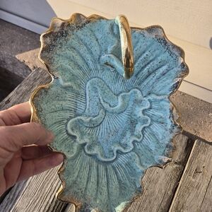 Vtg Aqua Ceramic Leaf Dish Gold Trim Handle USA Pottery MCM